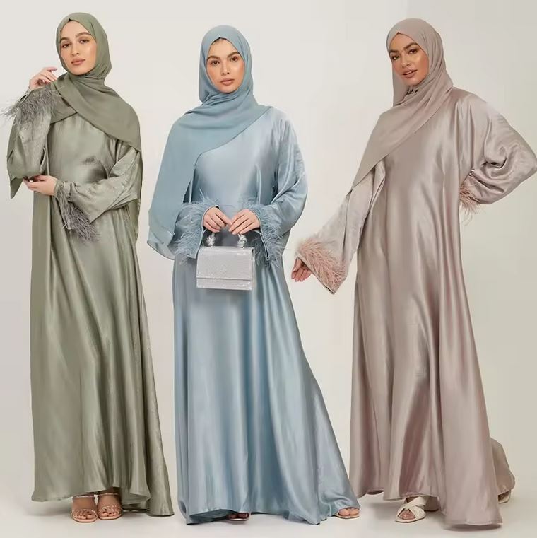 Modest Feathered closed Abaya satin abaya dress with chiffon hijab