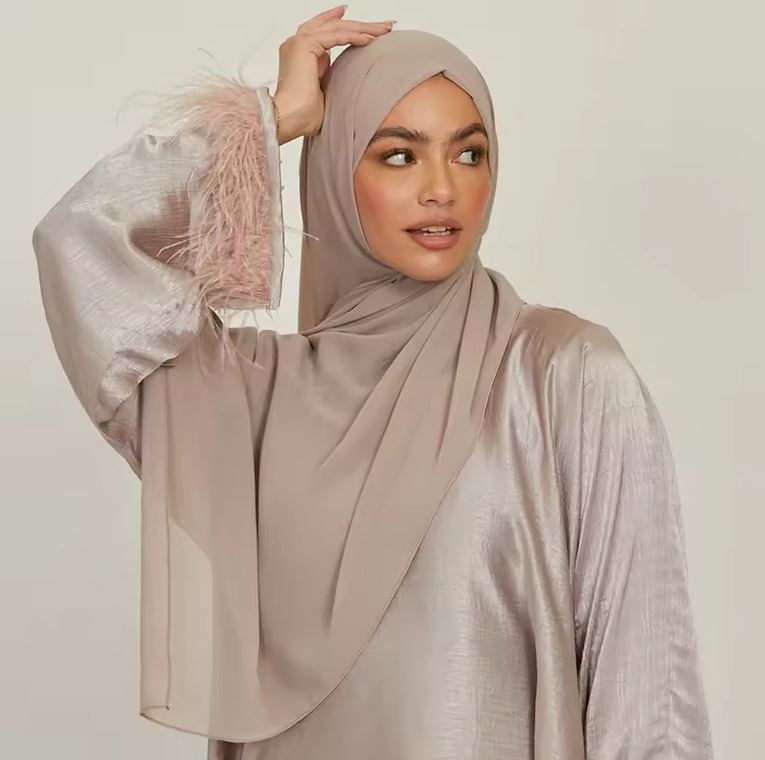 Modest Feathered closed Abaya satin abaya dress with chiffon hijab