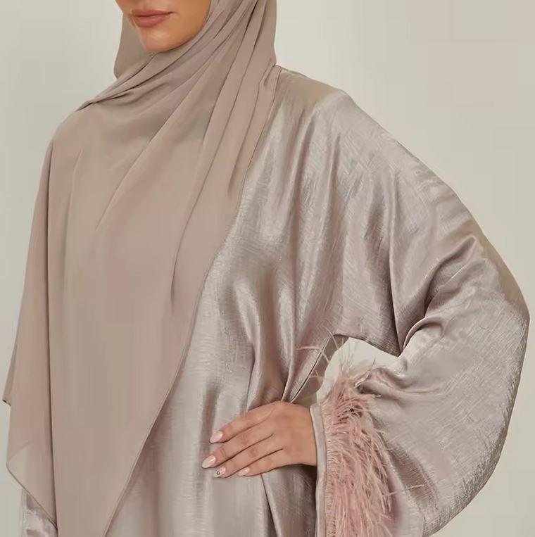Modest Feathered closed Abaya satin abaya dress with chiffon hijab