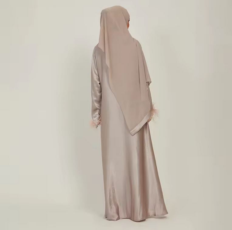 Modest Feathered closed Abaya satin abaya dress with chiffon hijab