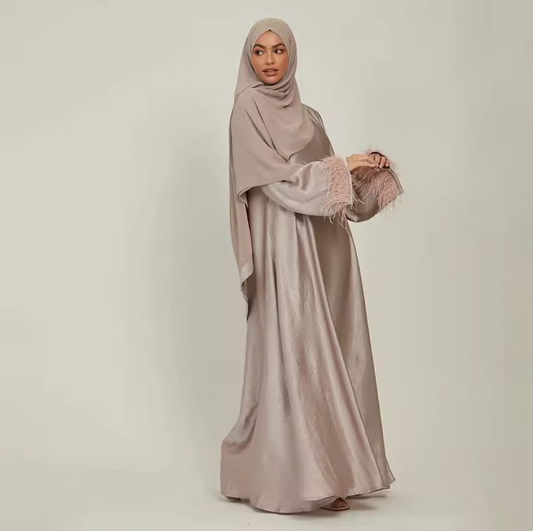 Modest Feathered closed Abaya satin abaya dress with chiffon hijab