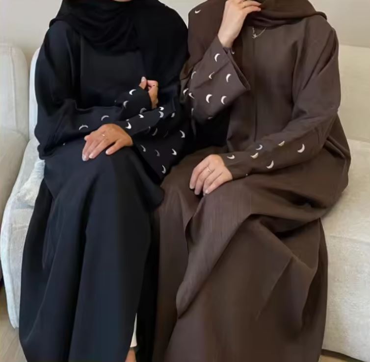 Abaya Eid Linen Modesty Style Moon Embroidery Open
