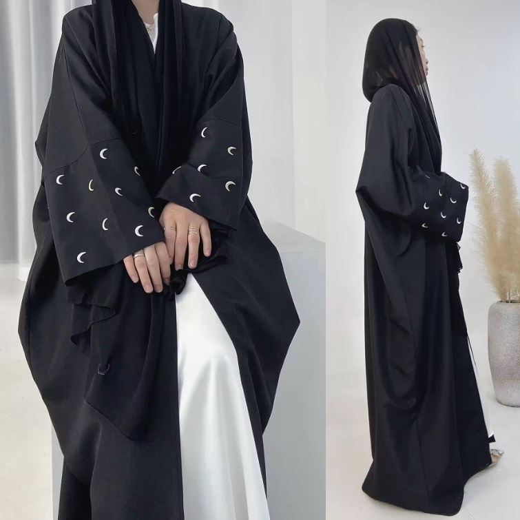 Abaya Eid Linen Modesty Style Moon Embroidery Open