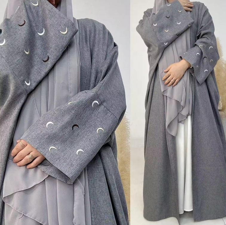 Abaya Eid Linen Modesty Style Moon Embroidery Open